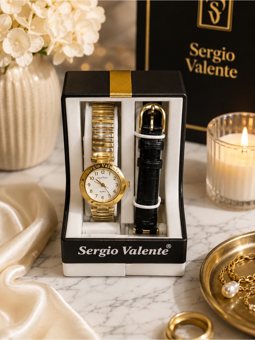 NIB Sergio Valente Vintage Women's Quartz Watch Gift Set - Gold & Black